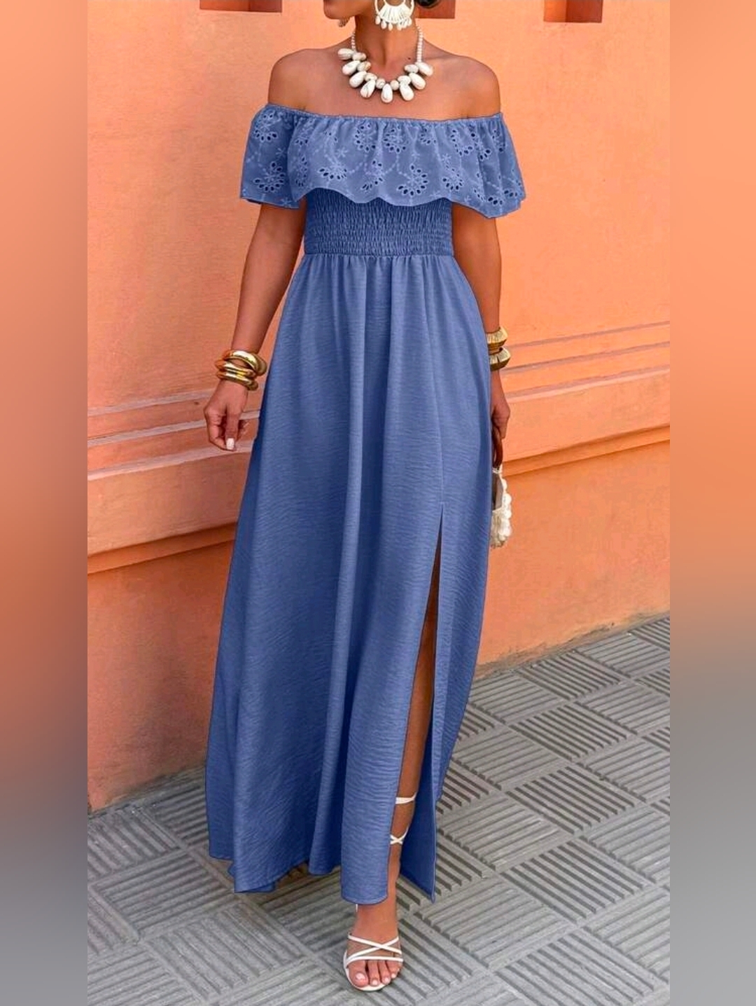 New Boho Embroidered Eyelet Lace Ruffle Off Shoulder Maxi Dress Blue